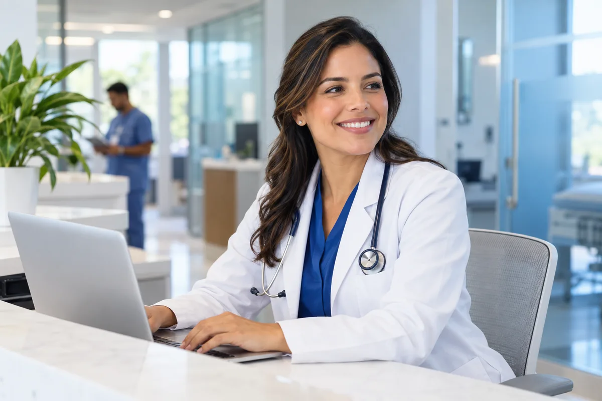Profesional de salud trabajando con un portátil en un centro médico
